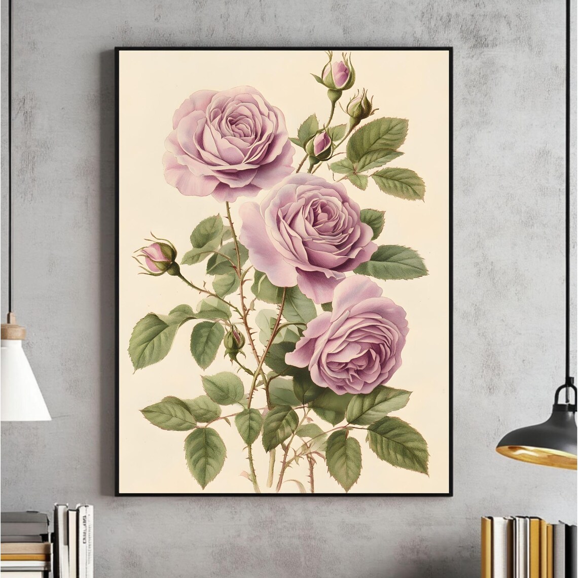 Blush Pink Roses Botanical Illustration Vintage Floral Wall Poster