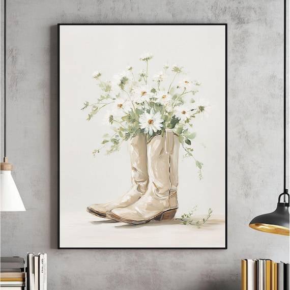 Cream Cowboy Boots Filled with White Daisies Western Floral Poster