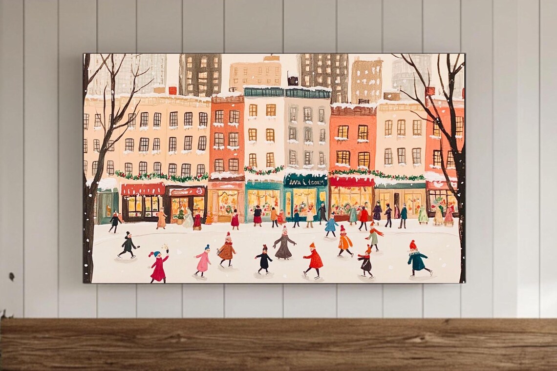 City Street Ice Skating Winter Shoppers Festive Storefront Poster