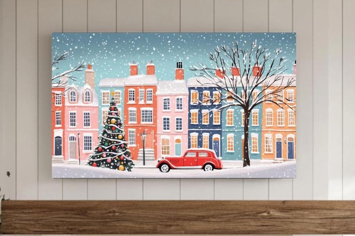 Colorful Christmas Street Snowy Row Houses Red Car Art Poster