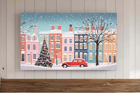Colorful Christmas Street Snowy Row Houses Red Car Art Poster