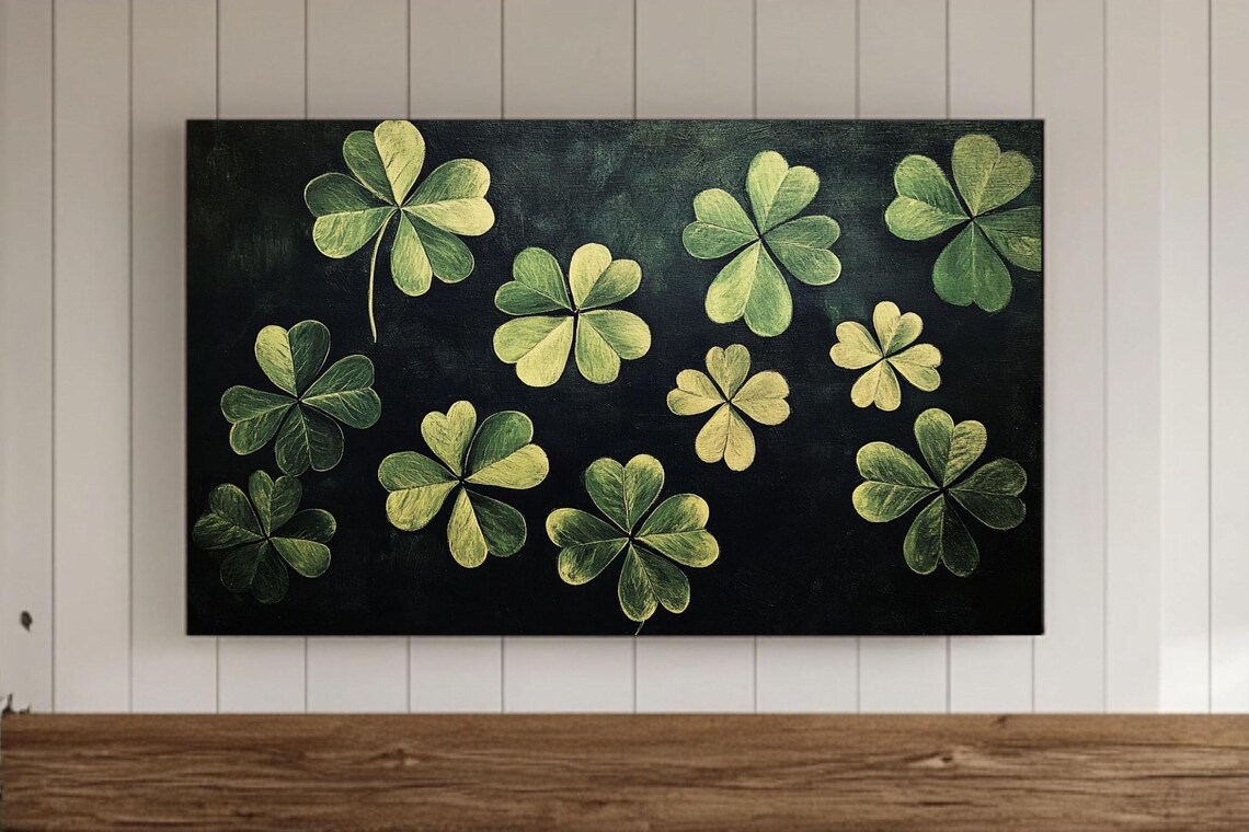 Irish Green Shamrock Clover Bouquet on Black Vintage Art Print