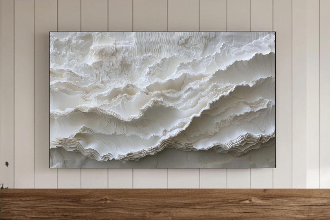 Ruffled White 3D Waves Modern Sculptural Abstract Painting Poster