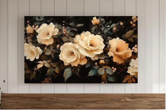 Dark Moody White Roses Oil Painting Vintage Floral Still Life Poster