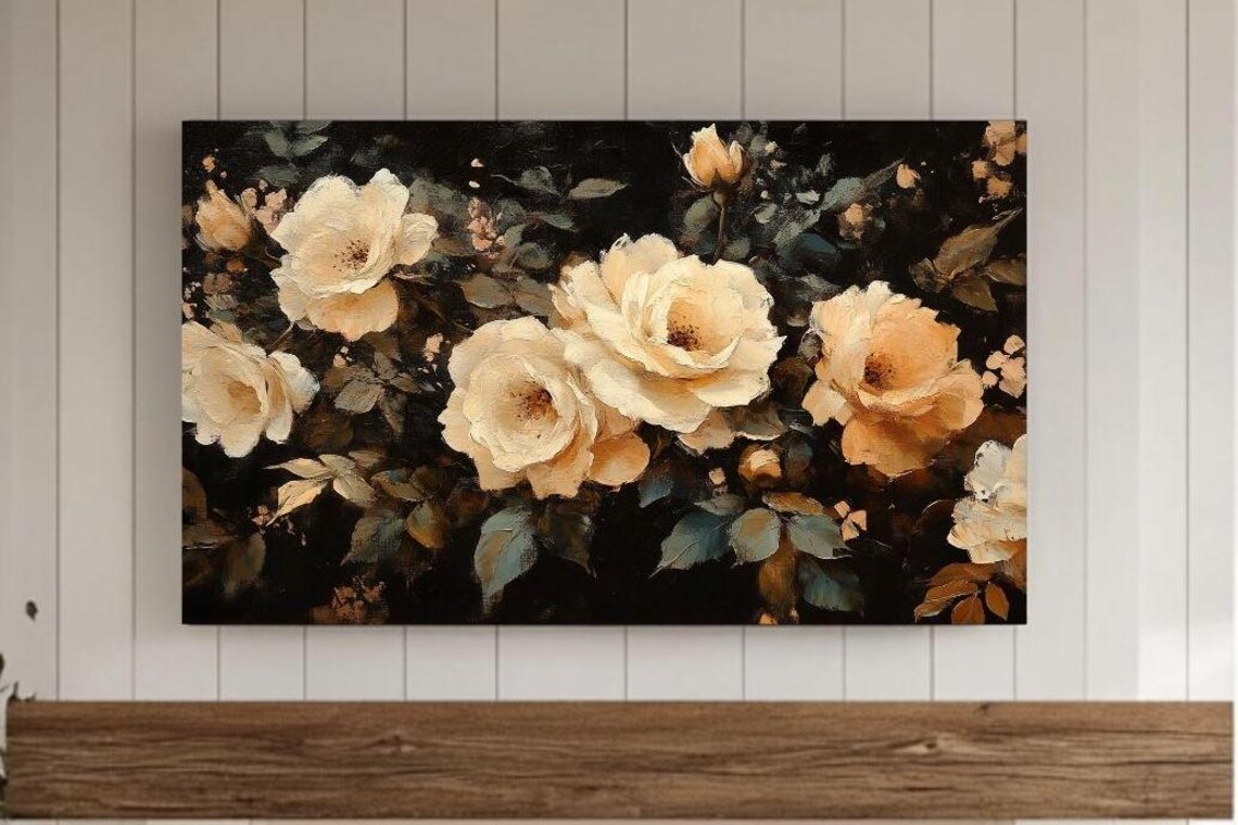 Dark Moody White Roses Oil Painting Vintage Floral Still Life Poster
