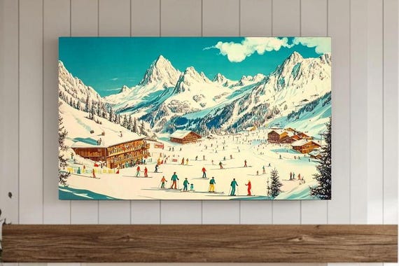 Scenic View Of Winter Resort Samsung Frame Tv Wall Art Sports Themed Ski Illustration Instant Screensaver