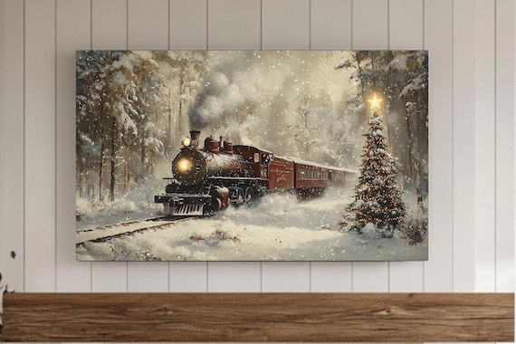 Christmas Steam Train Snowy Forest Holiday Watercolor Poster