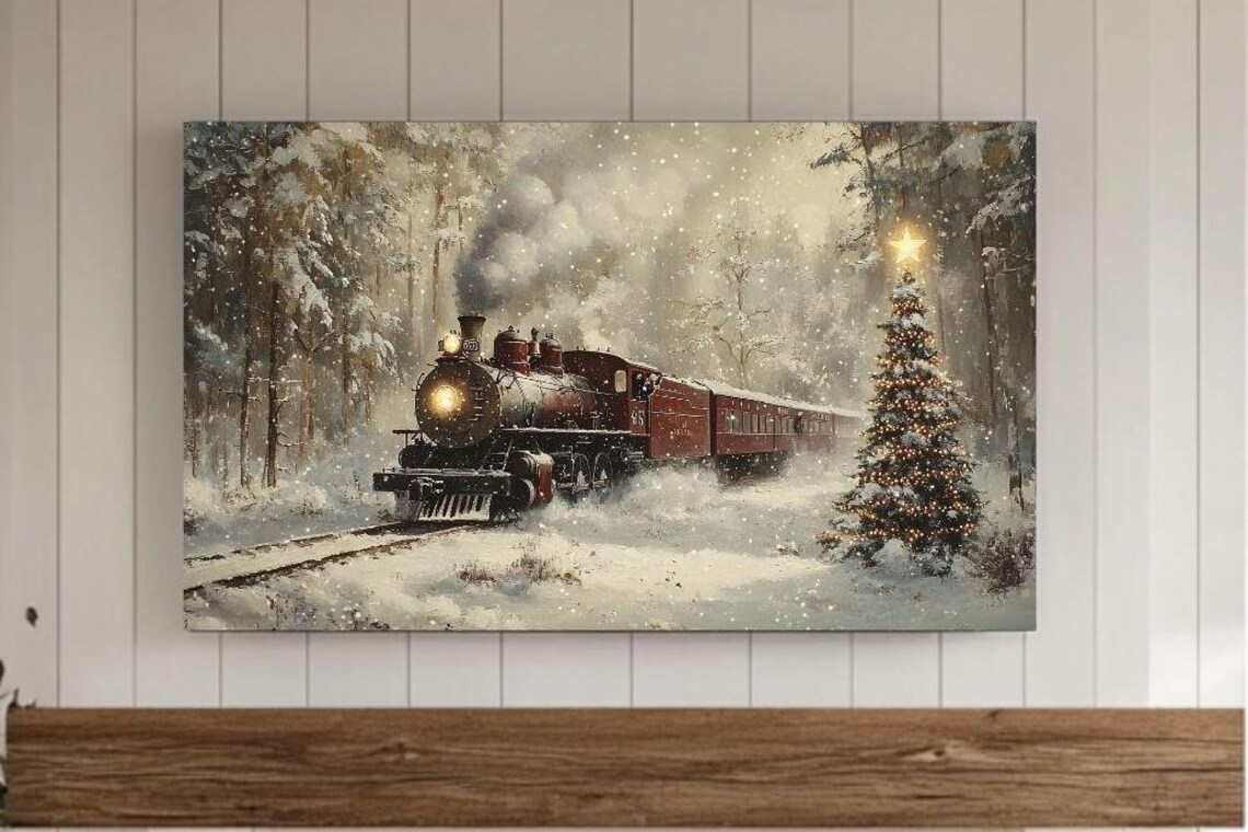 Christmas Steam Train Snowy Forest Holiday Watercolor Poster