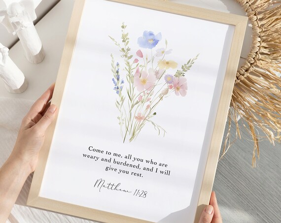 Matthew 11:28 Come to Me Wildflower Watercolor Scripture Verse Poster