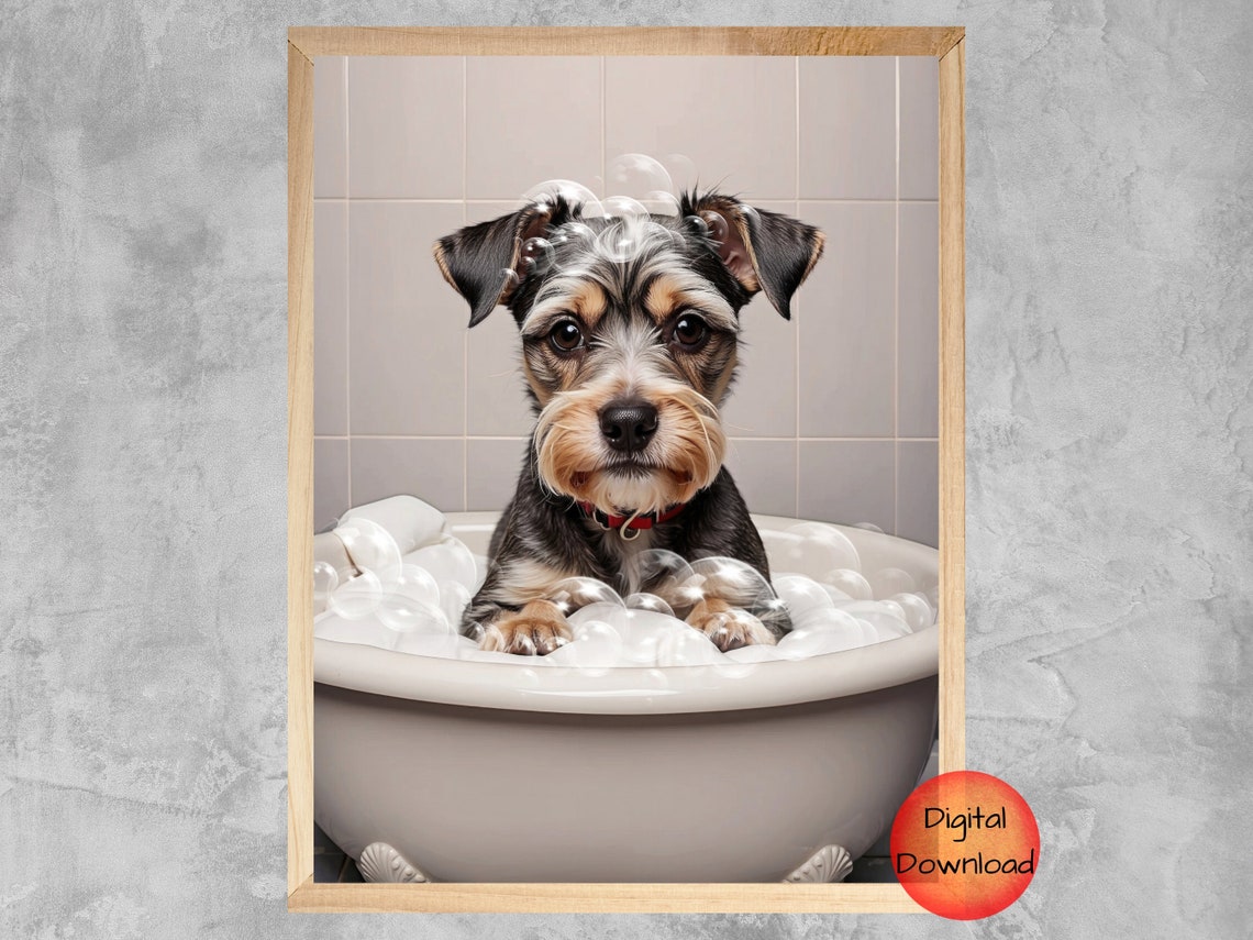 Miniature Schnauzer Puppy in Bubble Bath Cute Dog Lovers Wall Art