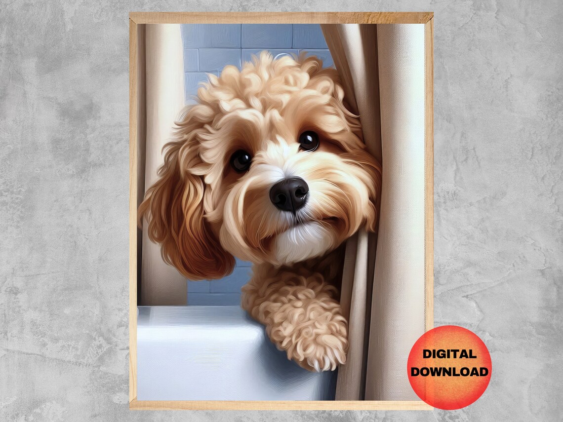 Cavoodle Funny Bathroom Wall Art, Dog Bath Tub Art Print