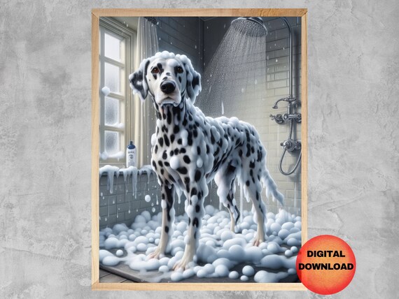 Dalmatian Soap Suds Shower Funny Wet Dog Bathroom Decor Wall Art