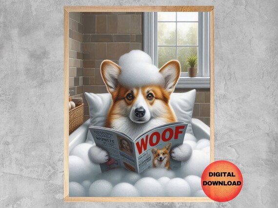 Corgi In Bathtub Wall Art Funny Bathroom Print Kids Bath Time Pet Animal Poster Whimsical Dog Lover Mom Gift