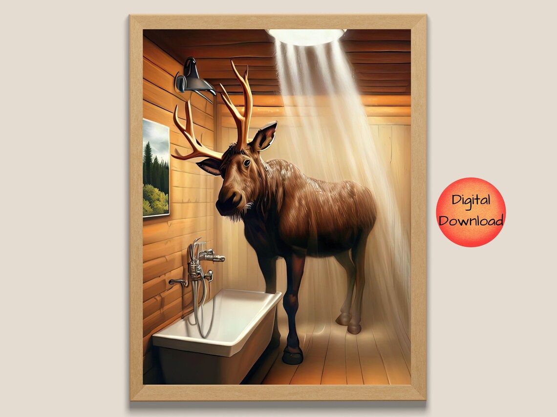 Funny Moose in Cabin Shower Rustic Woodland Bathroom Wall Art