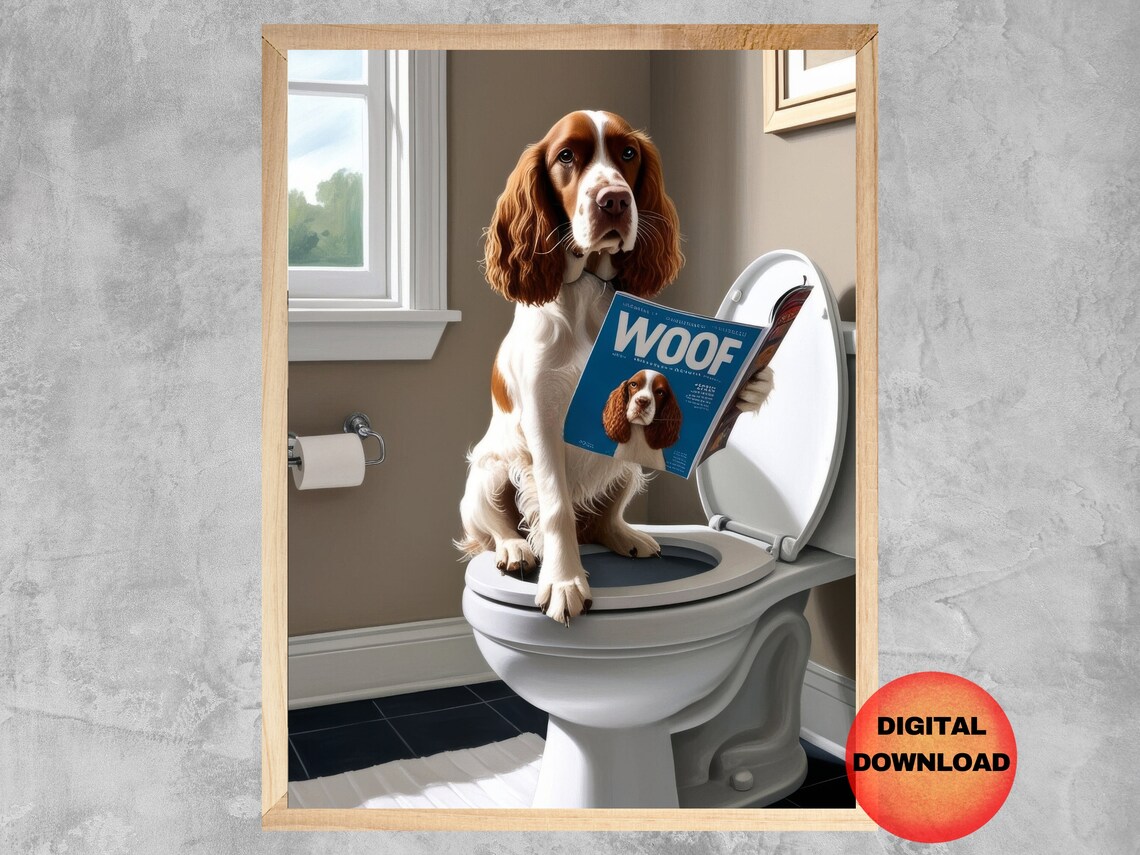 Spaniel Dog Reading WOOF Magazine on Toilet Funny Bathroom Poster