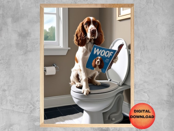 English Springer Spaniel Sitting On Toilet Poster Bathroom Art Funny Dog Animal Print Whimsy Lover Gift
