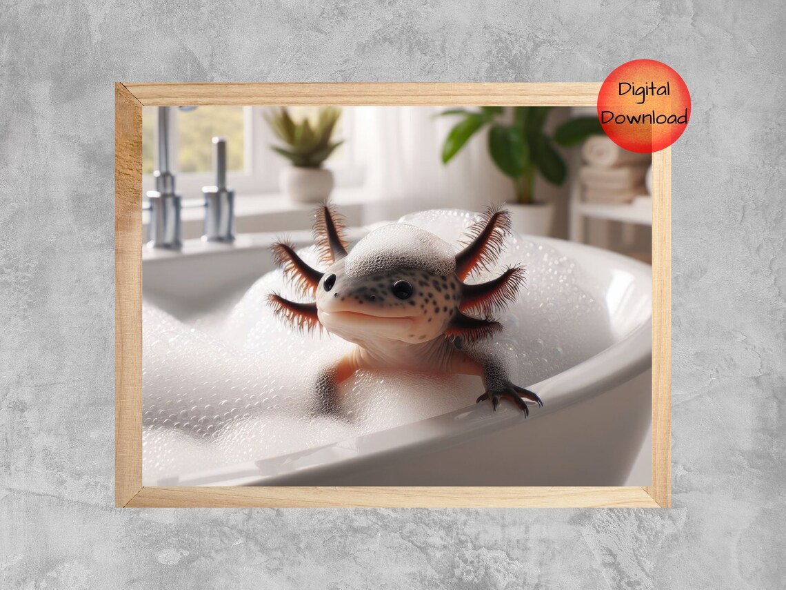 Axolotl Bathtub Print, Whimsical Bathroom Art