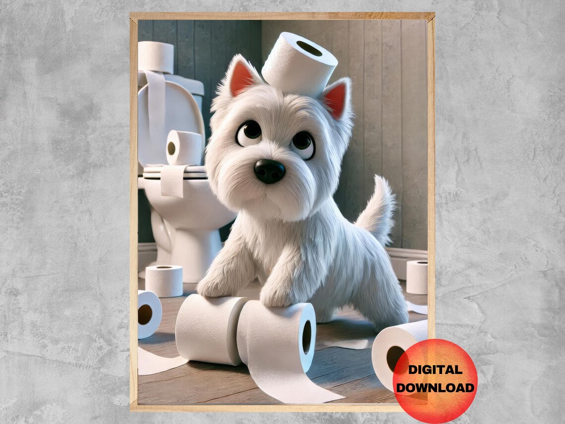 Cute Westie Puppy Toilet Paper Hat Bathroom Fun Cartoon Art Poster