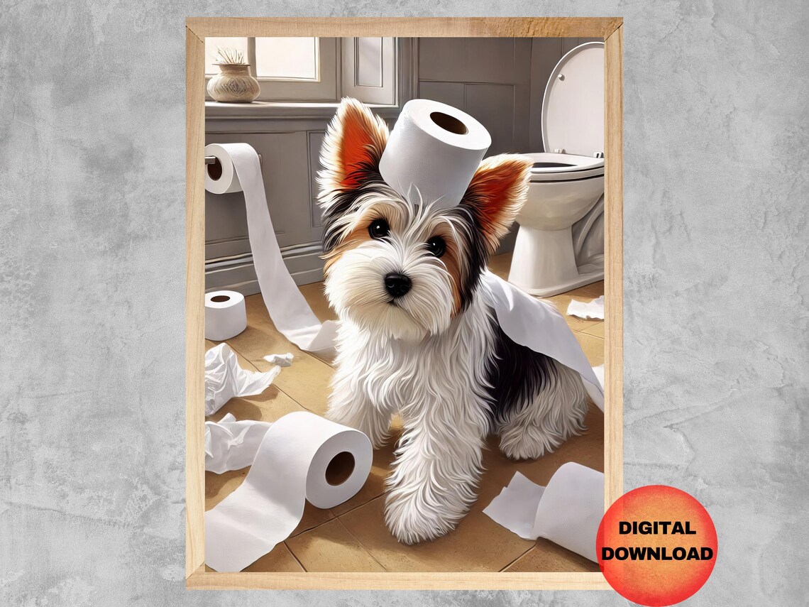 Biewer Terrier Toilet Paper Chaos Funny Bathroom Puppy Wall Poster