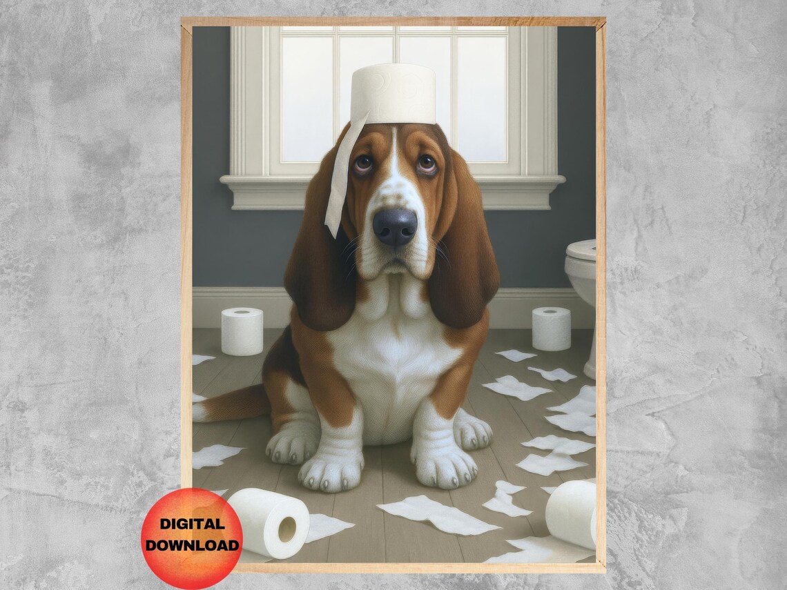 Basset Hound Bathroom Poster, Funny Dog Humor Decor