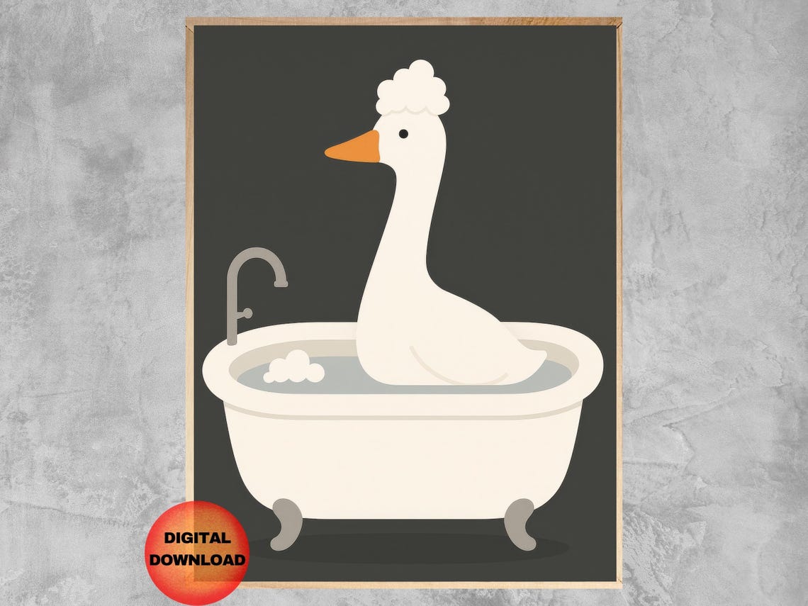 Funny Goose in Bathtub Minimalist Cartoon Bathroom Wall Poster