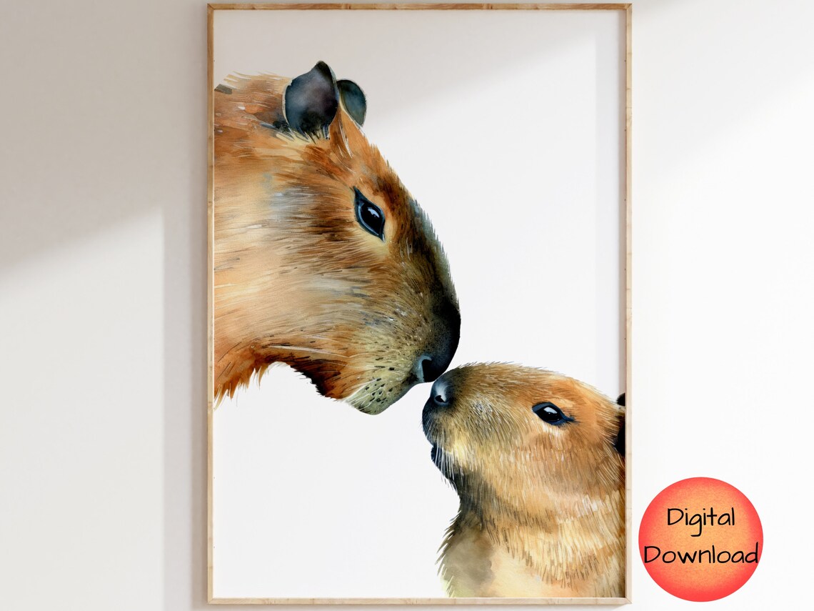 Whimsical Capybara Mom And Baby Watercolor Art Print