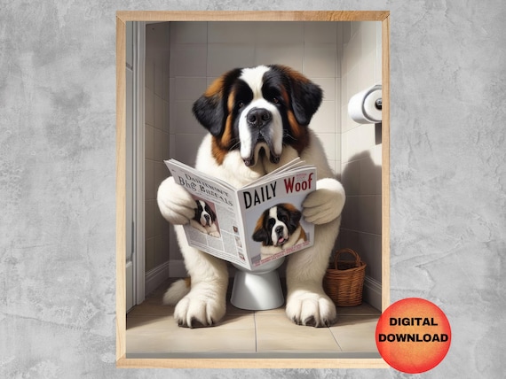 Saint Bernard Dog On Toilet Wall Art Funny St Bathroom Poster Whimsical Animal In Loo Lover Gift