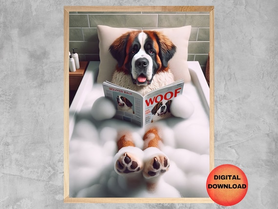 Saint Bernard Dog In Bath Wall Art St Bathroom Funny Kids Poster Whimsical Pet Animal Picture Lover Gift