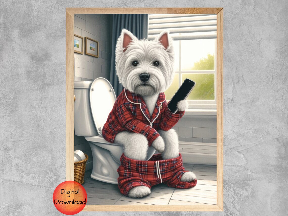 Westie Sitting On Toilet With Phone, Funny Dog Art Print