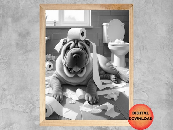Shar Pei Dog With Toilet Paper Rolls Funny Bathroom Art Poster