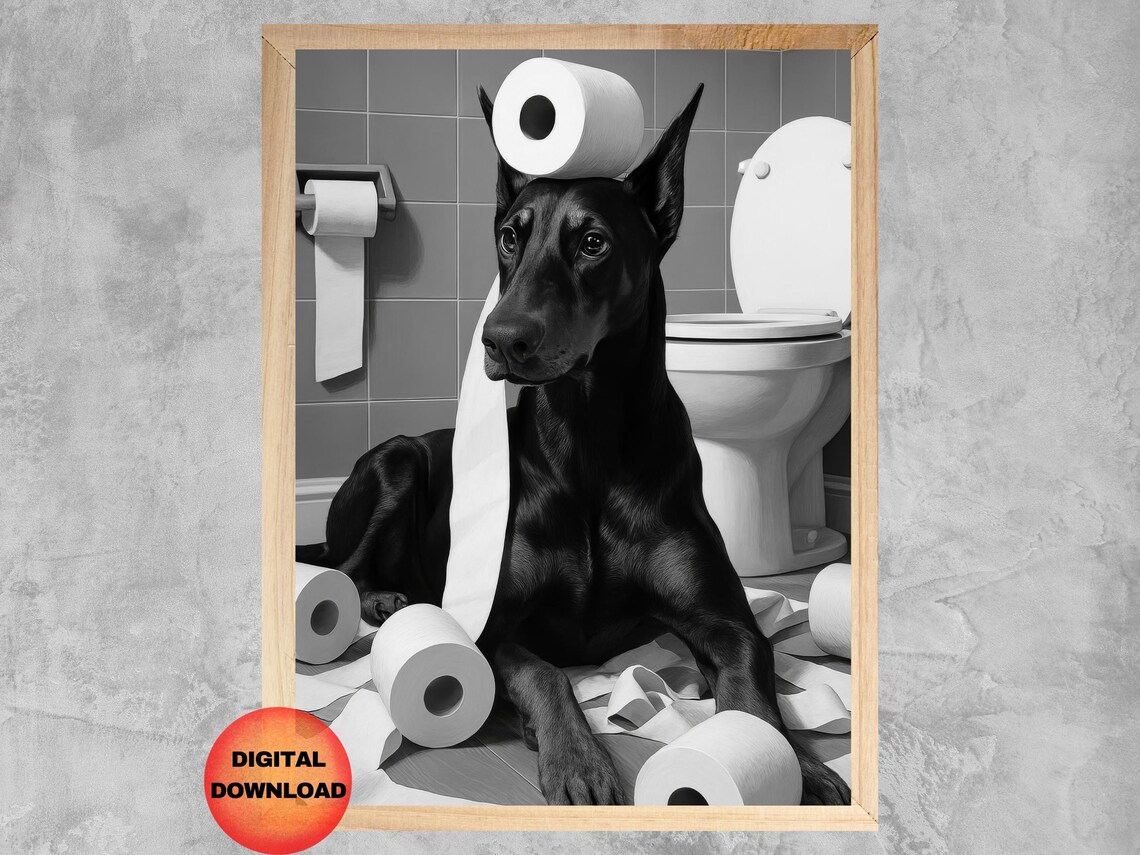 Black Doberman Bathroom Wall Art, Funny Dog Poster