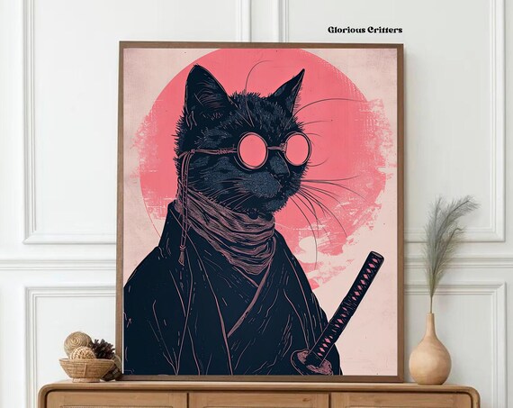 Black Cat Samurai Warrior Pink Sun Japanese Woodblock Style Poster