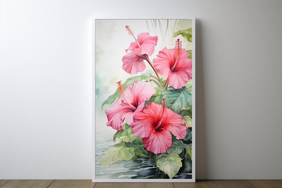 Pink Hibiscus Watercolor Art Print, Home Office Decor - Image 5