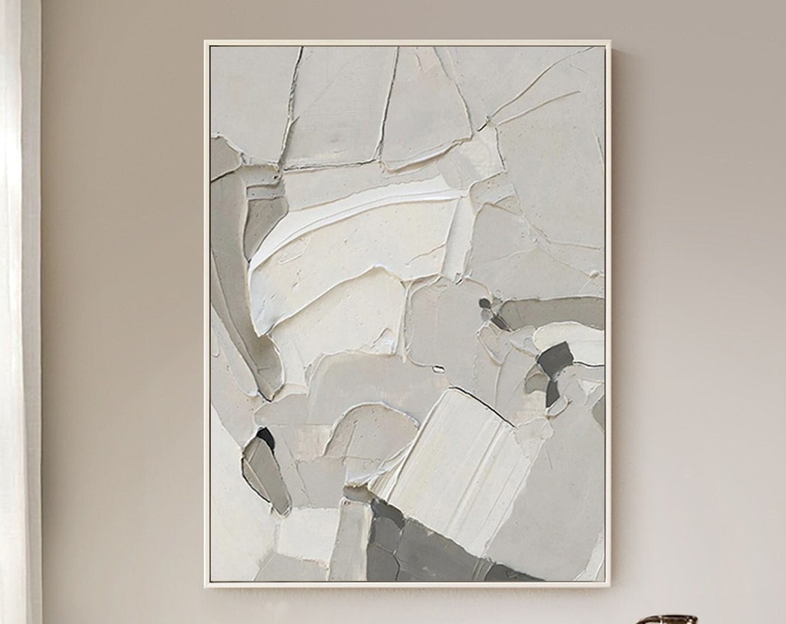 White Gray Cracked Plaster 3D Texture Minimalist Canvas Art Poster