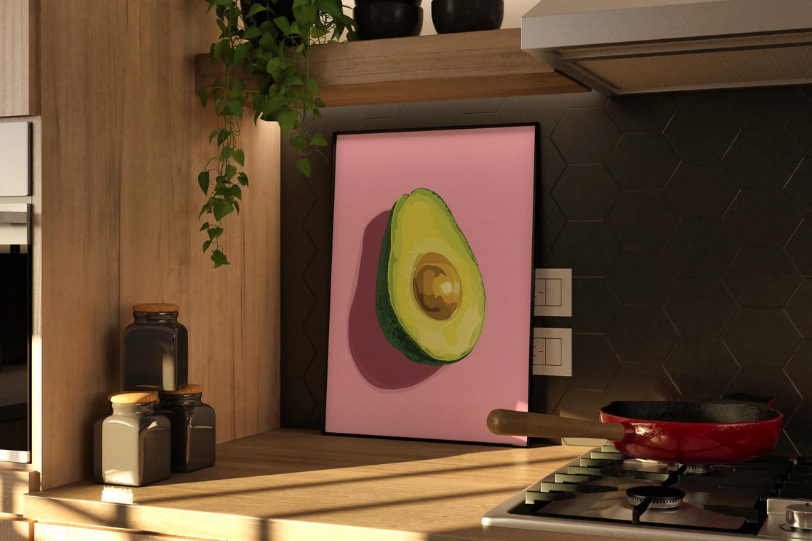 Ripe Halved Avocado on Bright Pink Background Kitchen Poster