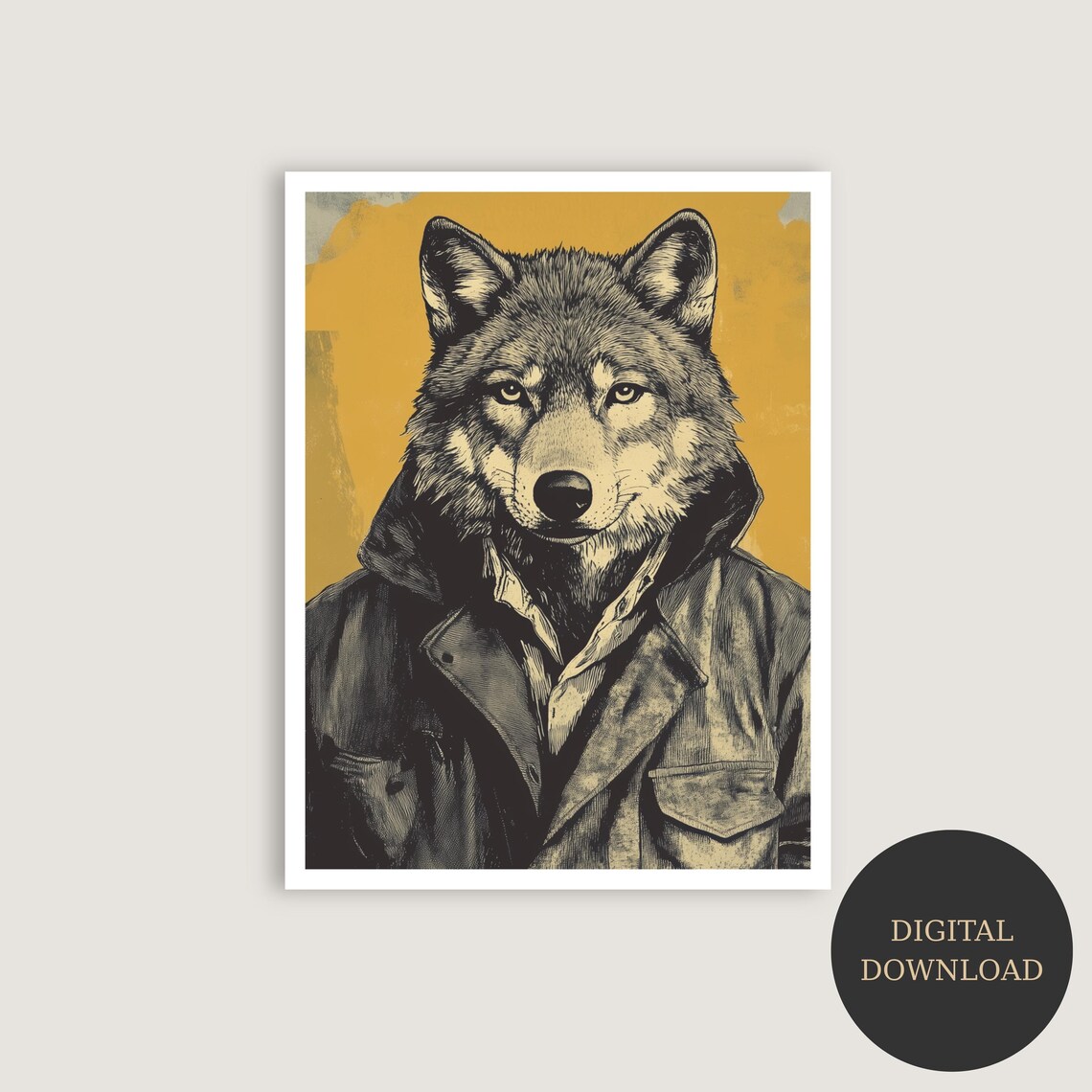 Mysterious Wolf in Urban Jacket Vintage Engraving Style Poster