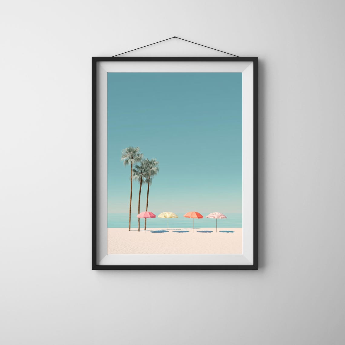 Calm Minimalist Pastel Beach Palms Umbrellas Summer Scene Poster