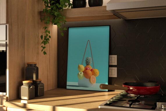 Hanging Paper Bag of Fresh Fruit Teal Background Kitchen Poster