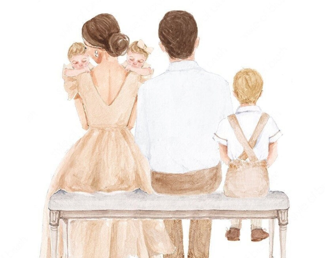 Champagne Family Portrait Poster with Mom Dad Twins and Son Bench