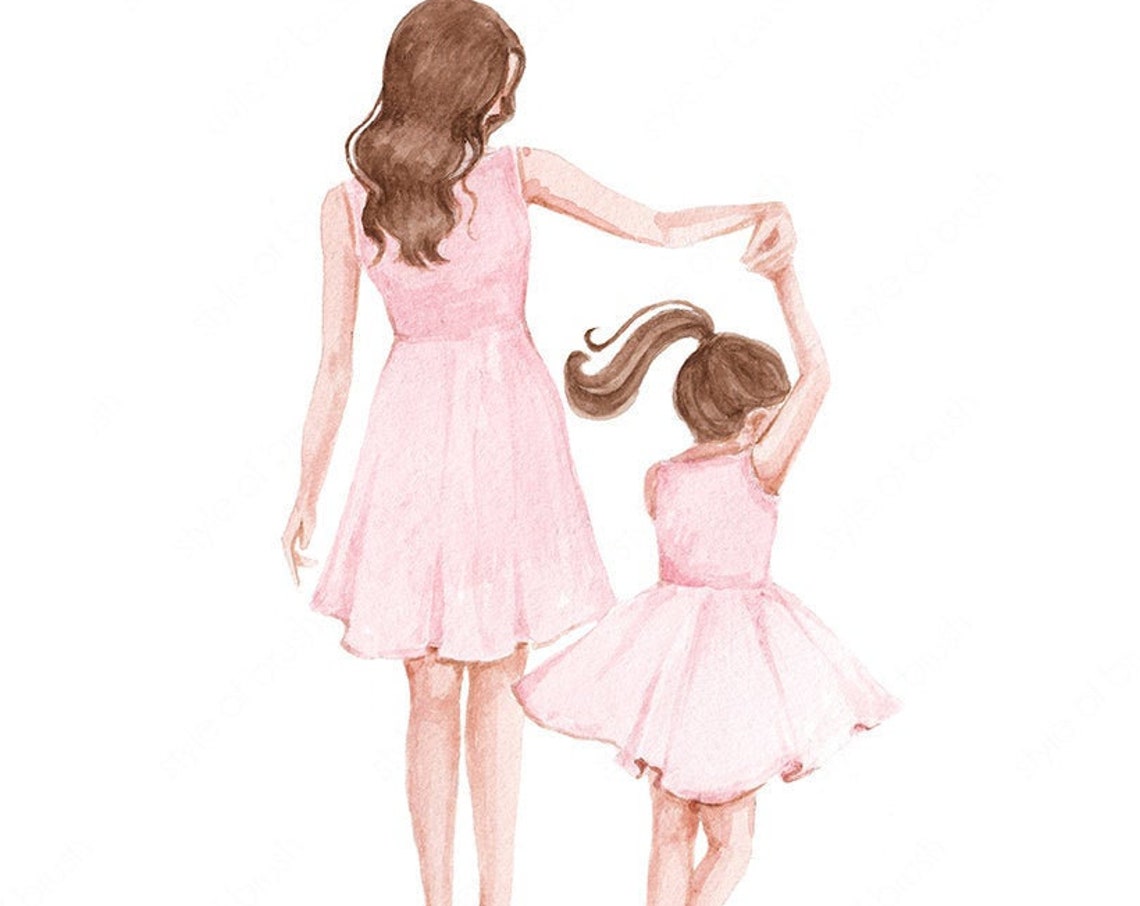 Brunette Mother Dancing with Daughter in Pink Dresses Poster