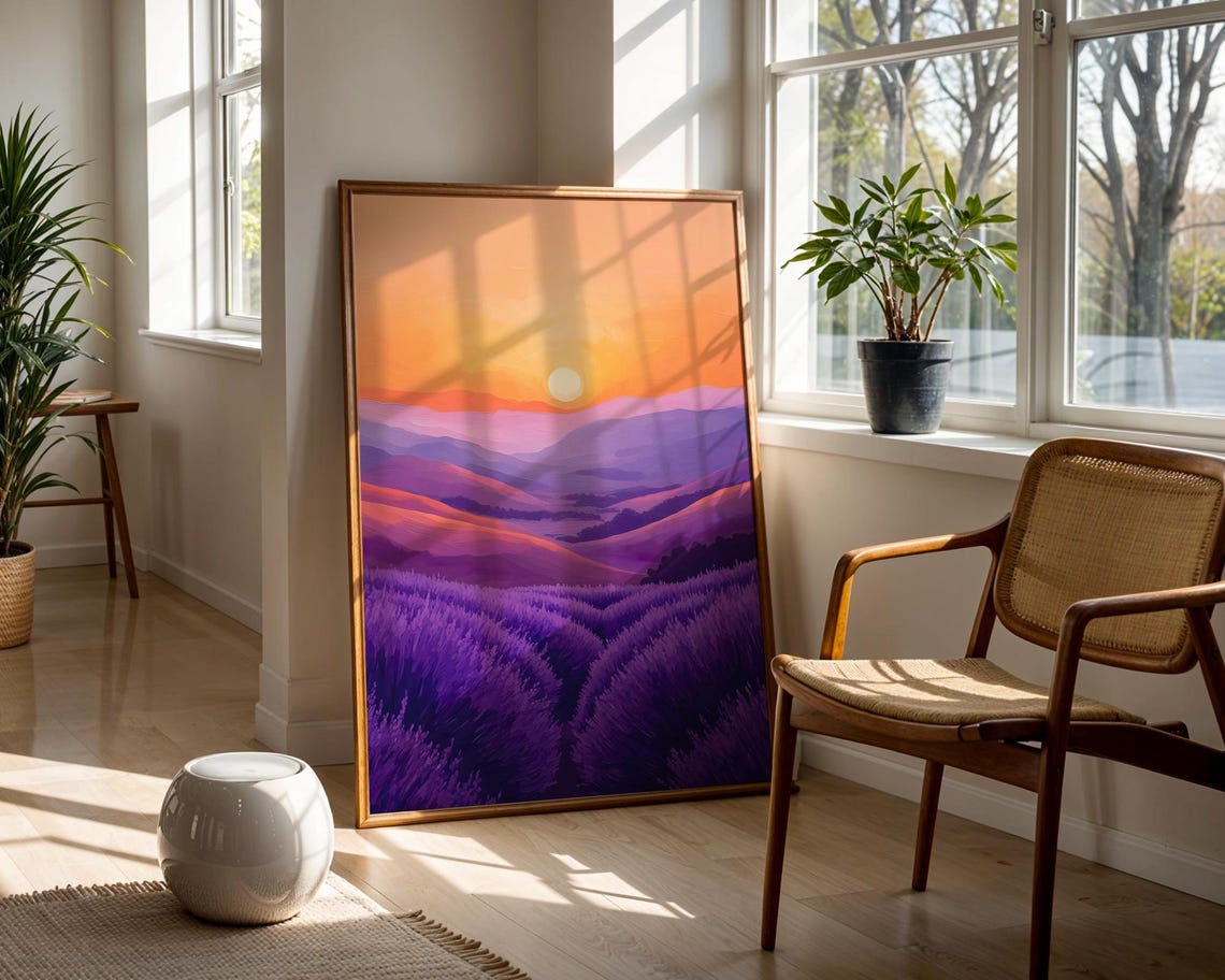 Lavender Hills Sunset Orange Sky Purple Flower Fields Art Poster