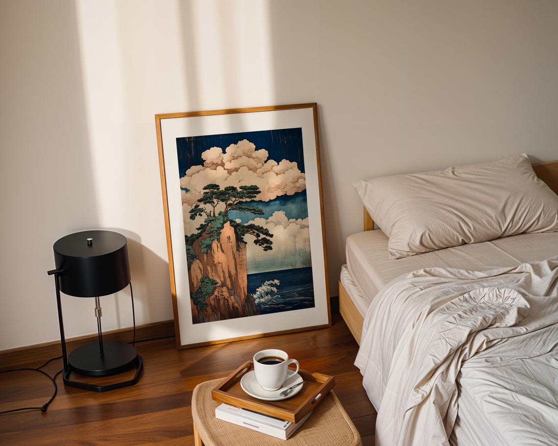Japanese Pine Trees Cliff Over Ocean Ukiyoe Style Painting Poster - Image 3