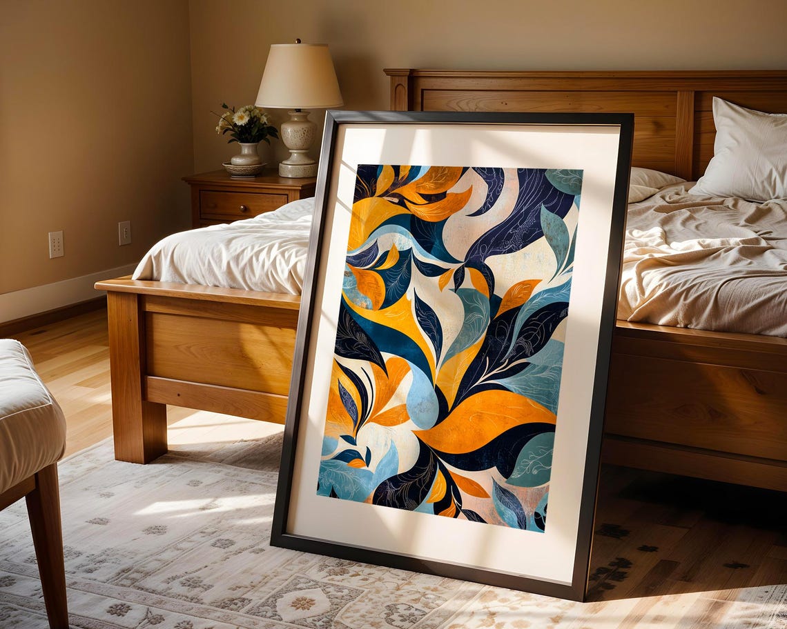 Navy Gold Floral Abstract Pattern Elegant Botanical Art Print - Image 4