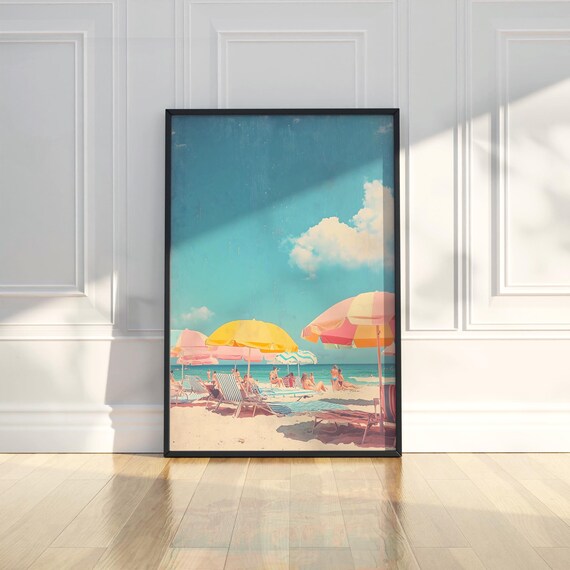 Pastel Beach Umbrellas And Sunbathers Aerial Summer Coast Poster