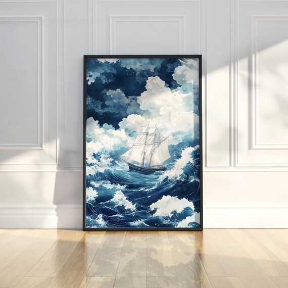 Tall Sailing Ship On Stormy Ocean Waves Watercolor Painting Poster
