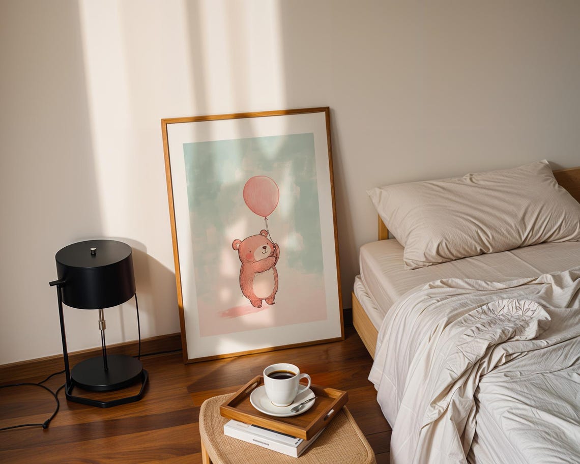 Cute Pink Bear Holding Pink Balloon Nursery Watercolor Art Poster - Image 2