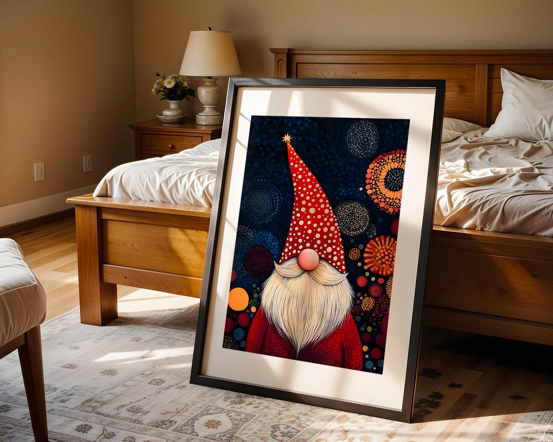 Christmas Gnome Dot Art Red Hat Holiday Festive Winter Poster