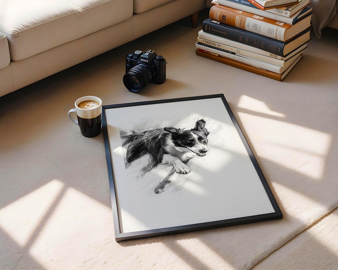 Border Collie Running Sketch Black And White Dog Pencil Wall Art - Image 5