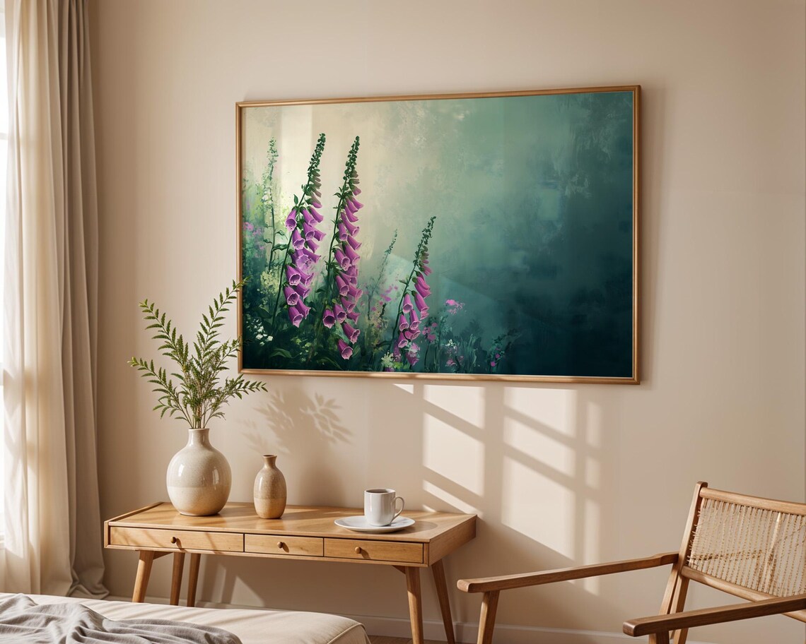 Purple Foxglove Flowers Misty Teal Garden Watercolor Art Poster - Image 4