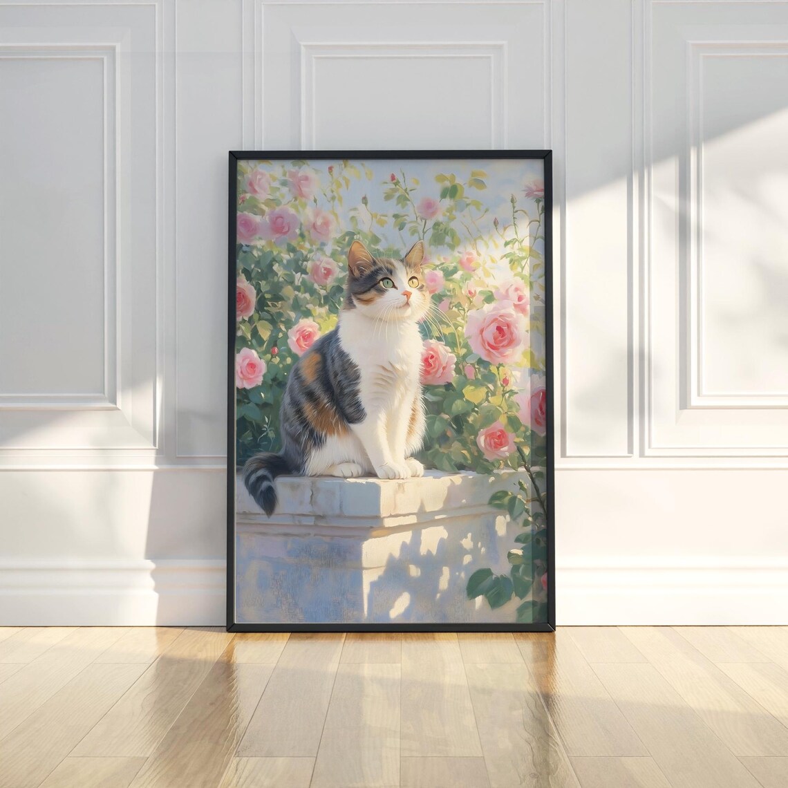 Tabby Cat Among Pink Roses Garden Watercolor Style Art Poster
